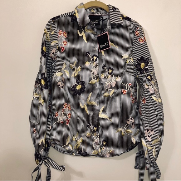 Nanette Lepore black, white striped top embroidery - Picture 1 of 9